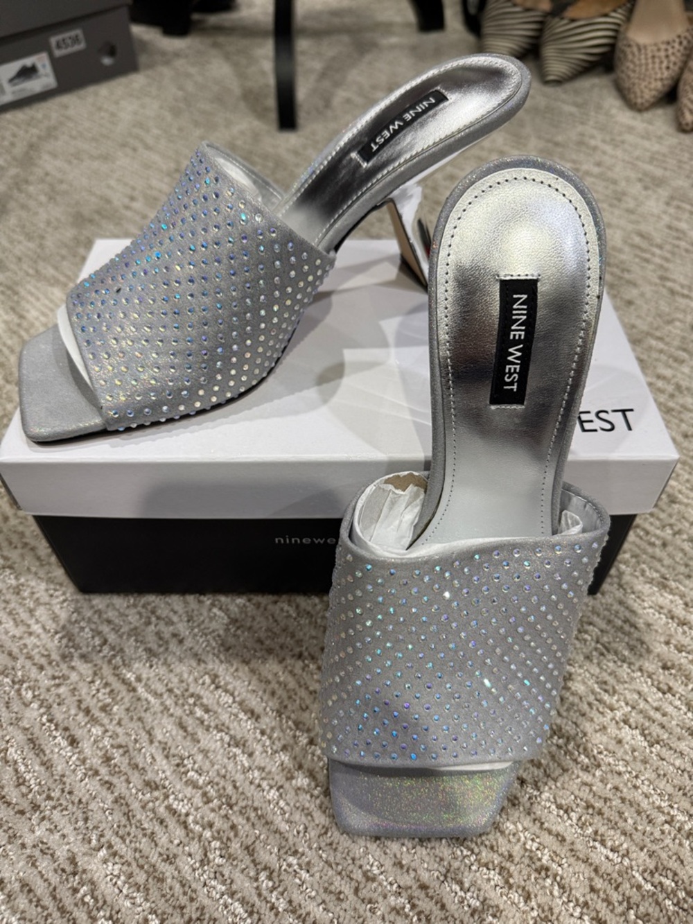 Nine West Silver Sparkle Rhinestone Slide Mules